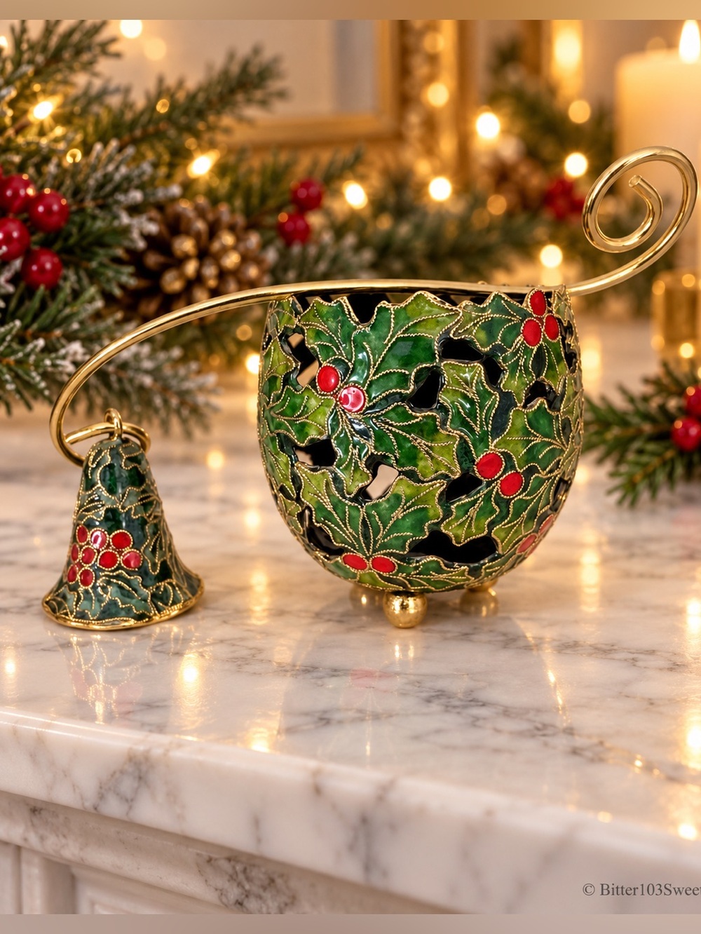 Vintage Holiday Mistletoe Footed Votive Candle Holder Snuffer Set